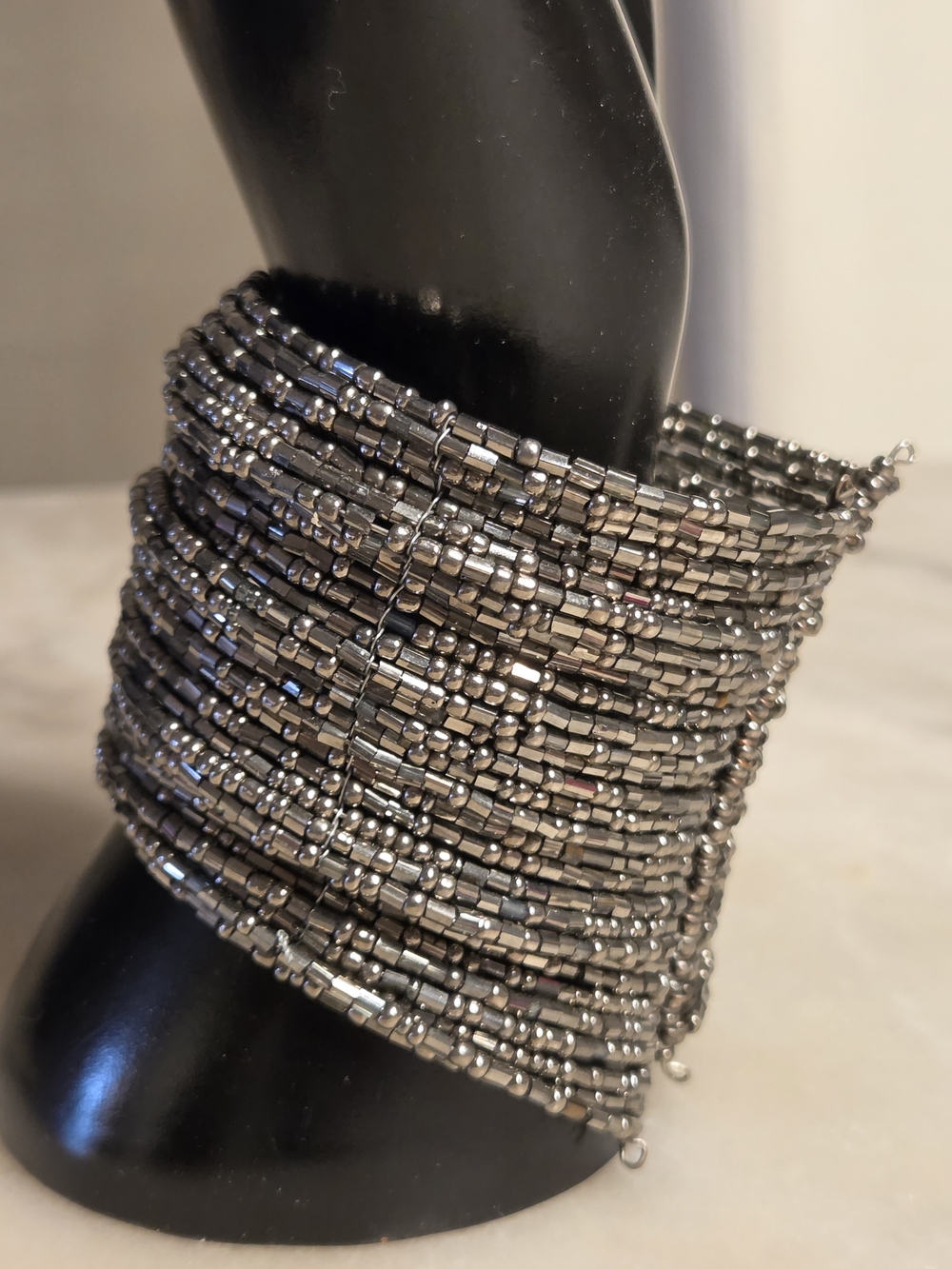Wide Beaded Statement Cuff Bracelet Silver Tone Intricate Bead Arrangement